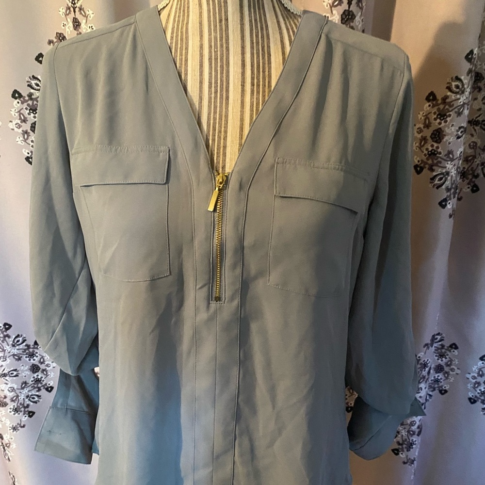 Express Size small, slate blue blouse.  Zip front detail